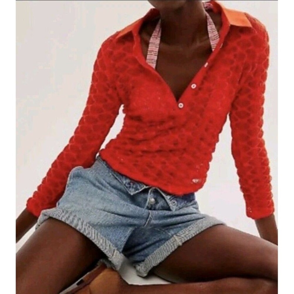 Free People Red Girl Next Door Polo Top Coquette Slim Fit Long Sleeve L Sz S